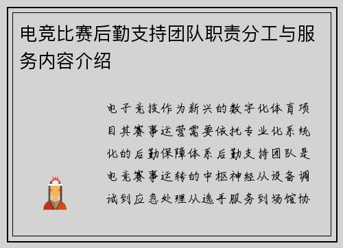 电竞比赛后勤支持团队职责分工与服务内容介绍